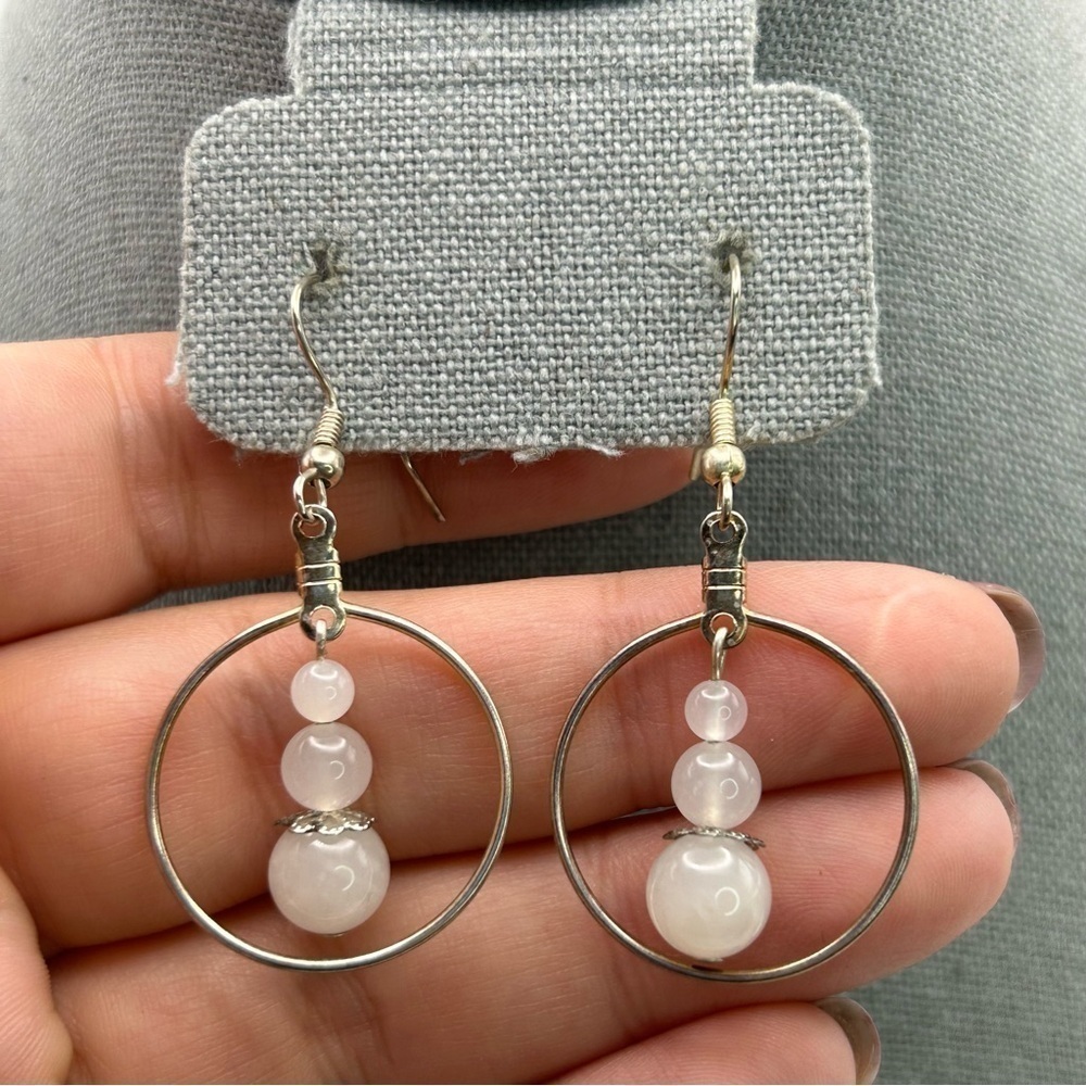 Genuine Milky Quartz Graduated 3 Beaded Dangle Silver Tone Hoop Earrings Pierced